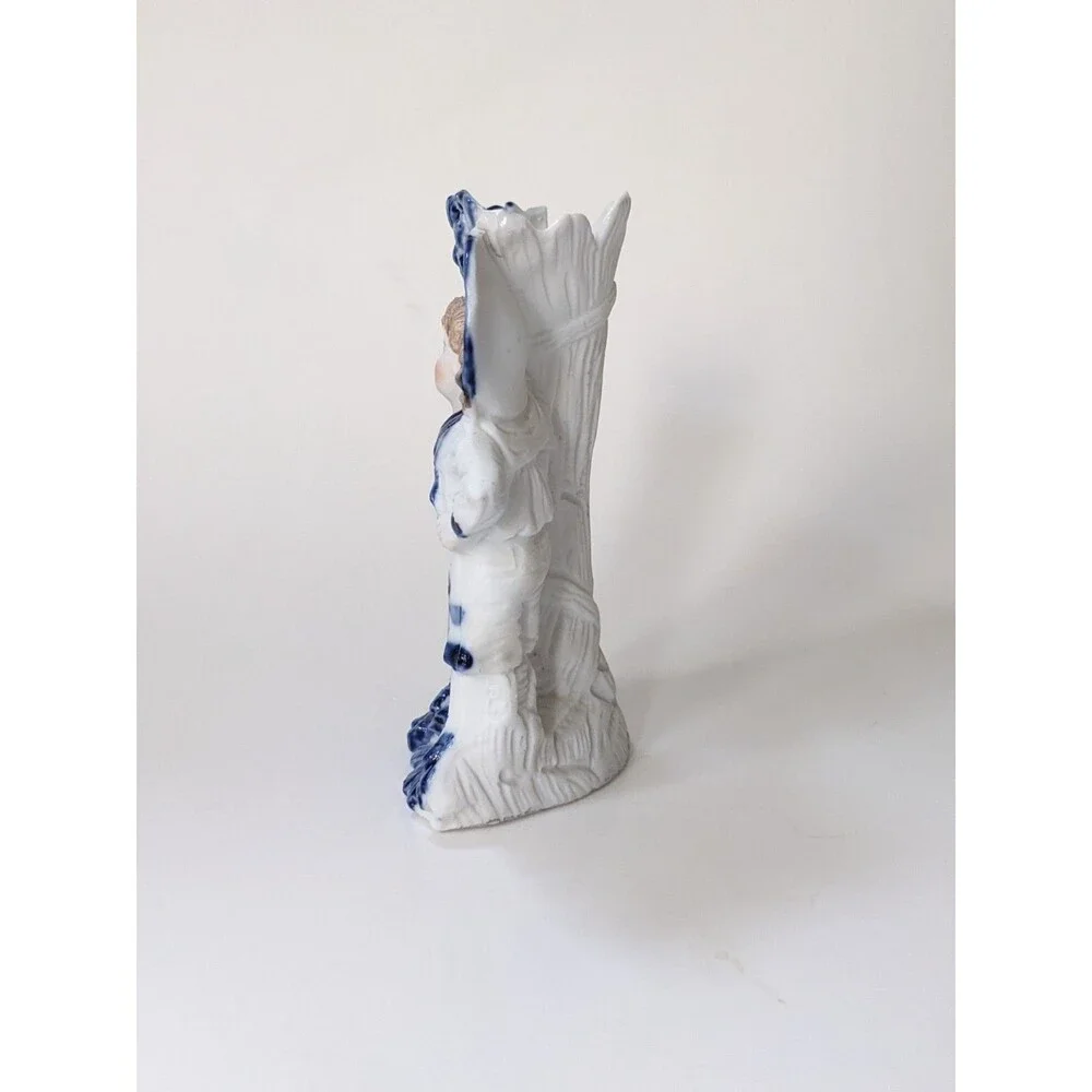 Antique German Mantel Vases Pair Boy Girl Blue White Porcelain Figurines‎ c1900